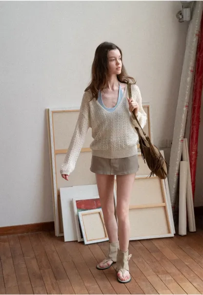 V Neck Loose Knit Sweater with Cable Pattern