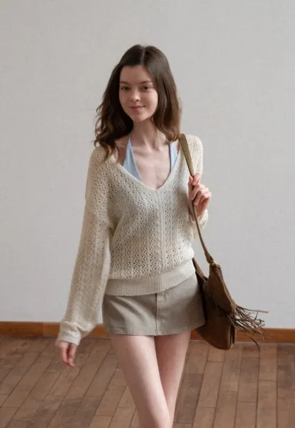 V Neck Loose Knit Sweater with Cable Pattern