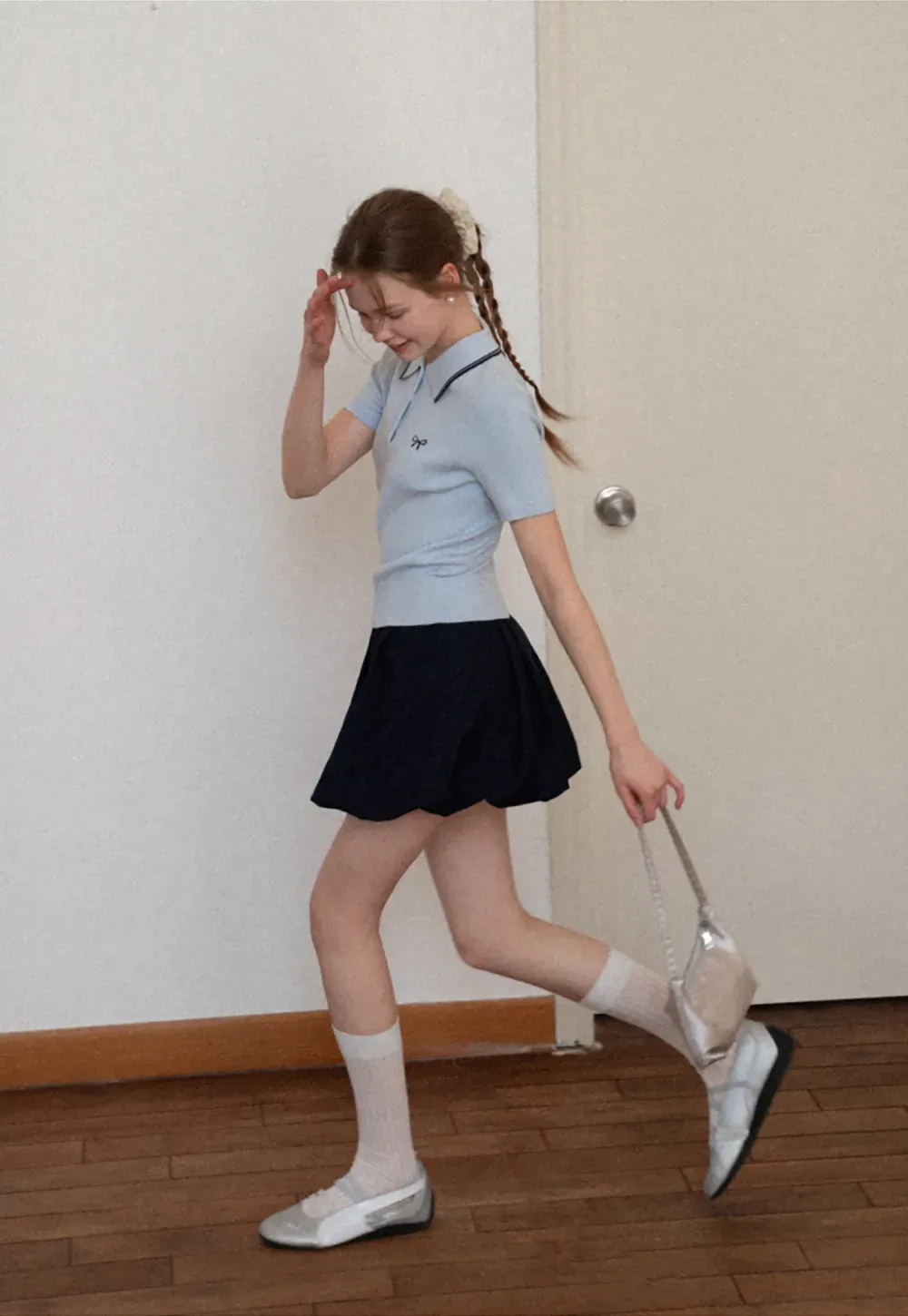 Polo Collar Knit Shirt with Bow Embroidery