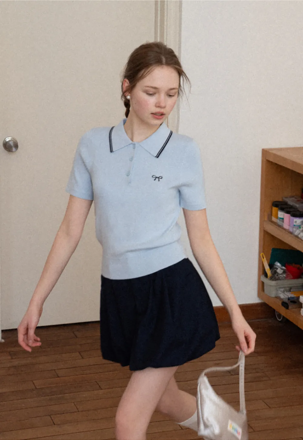 Polo Collar Knit Shirt with Bow Embroidery