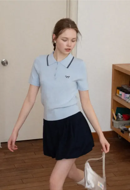 Polo Collar Knit Shirt with Bow Embroidery