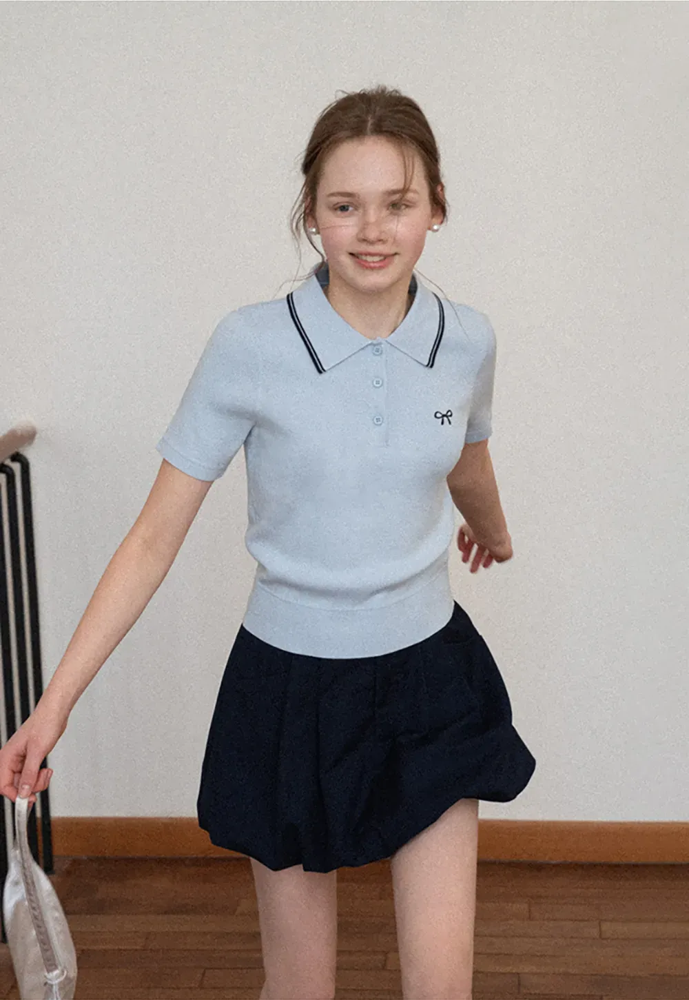 Polo Collar Knit Shirt with Bow Embroidery