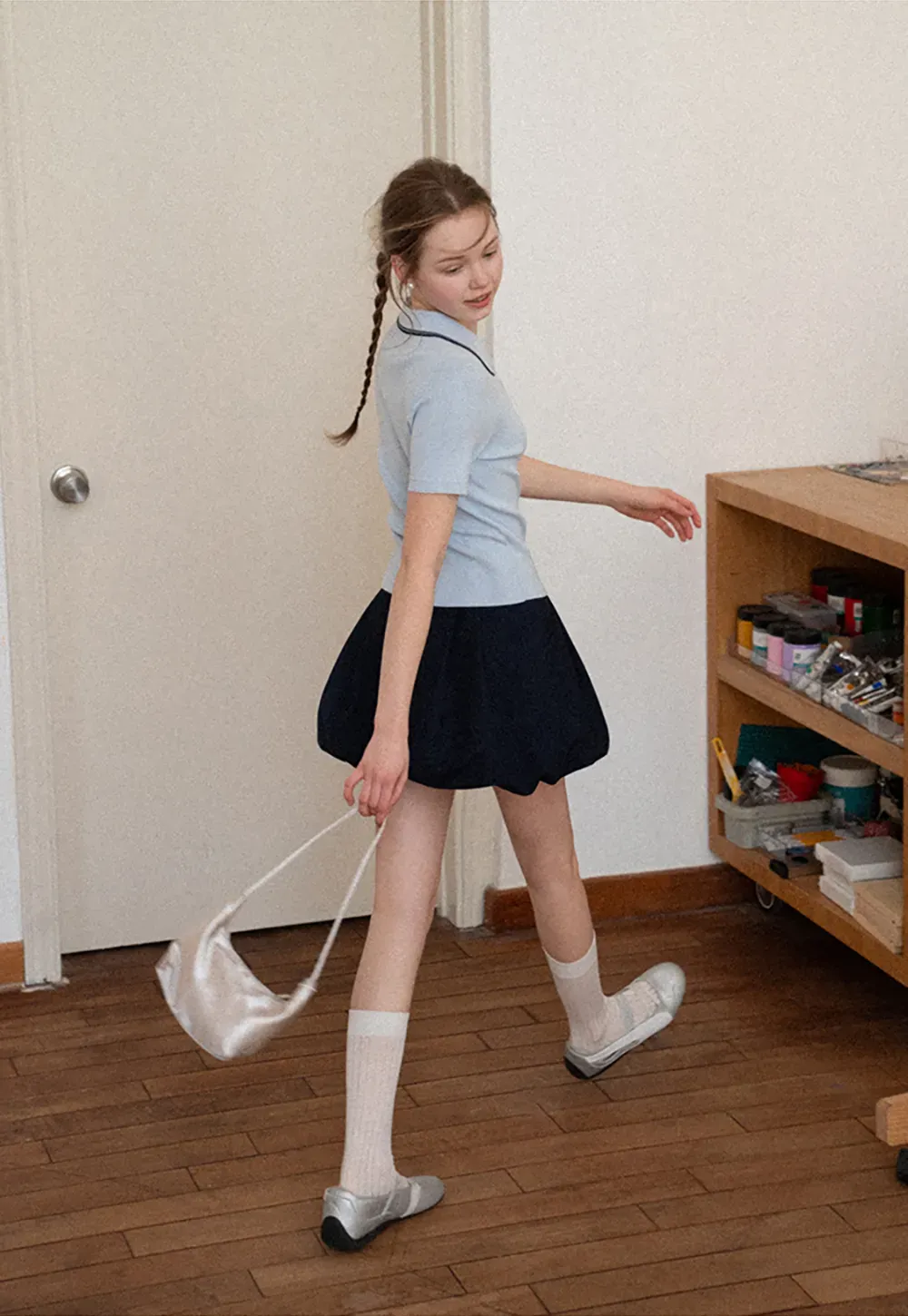 Polo Collar Knit Shirt with Bow Embroidery