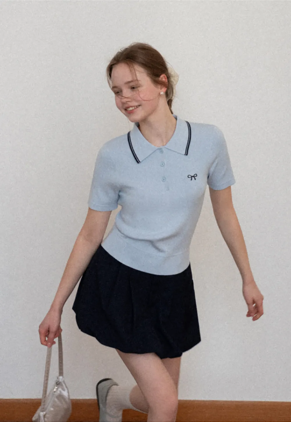 Polo Collar Knit Shirt with Bow Embroidery