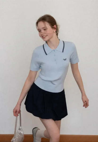 Polo Collar Knit Shirt with Bow Embroidery