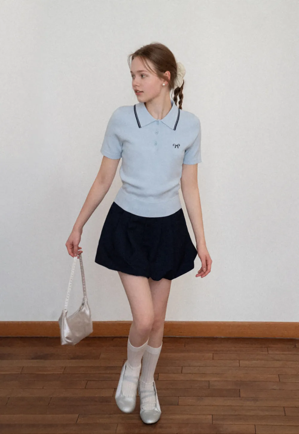 Polo Collar Knit Shirt with Bow Embroidery