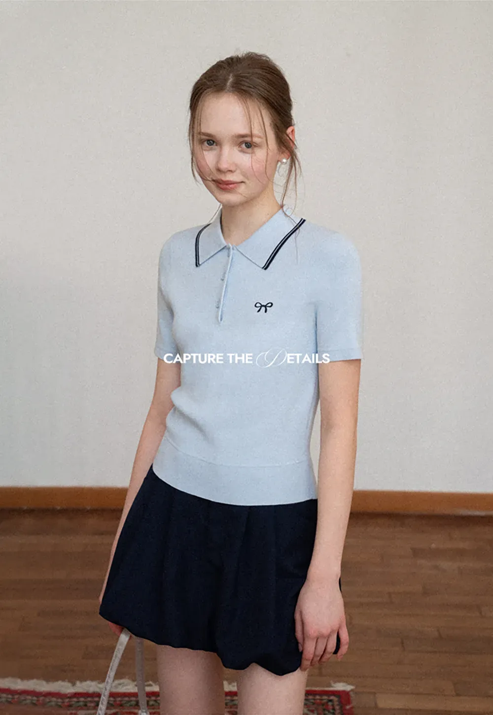 Polo Collar Knit Shirt with Bow Embroidery