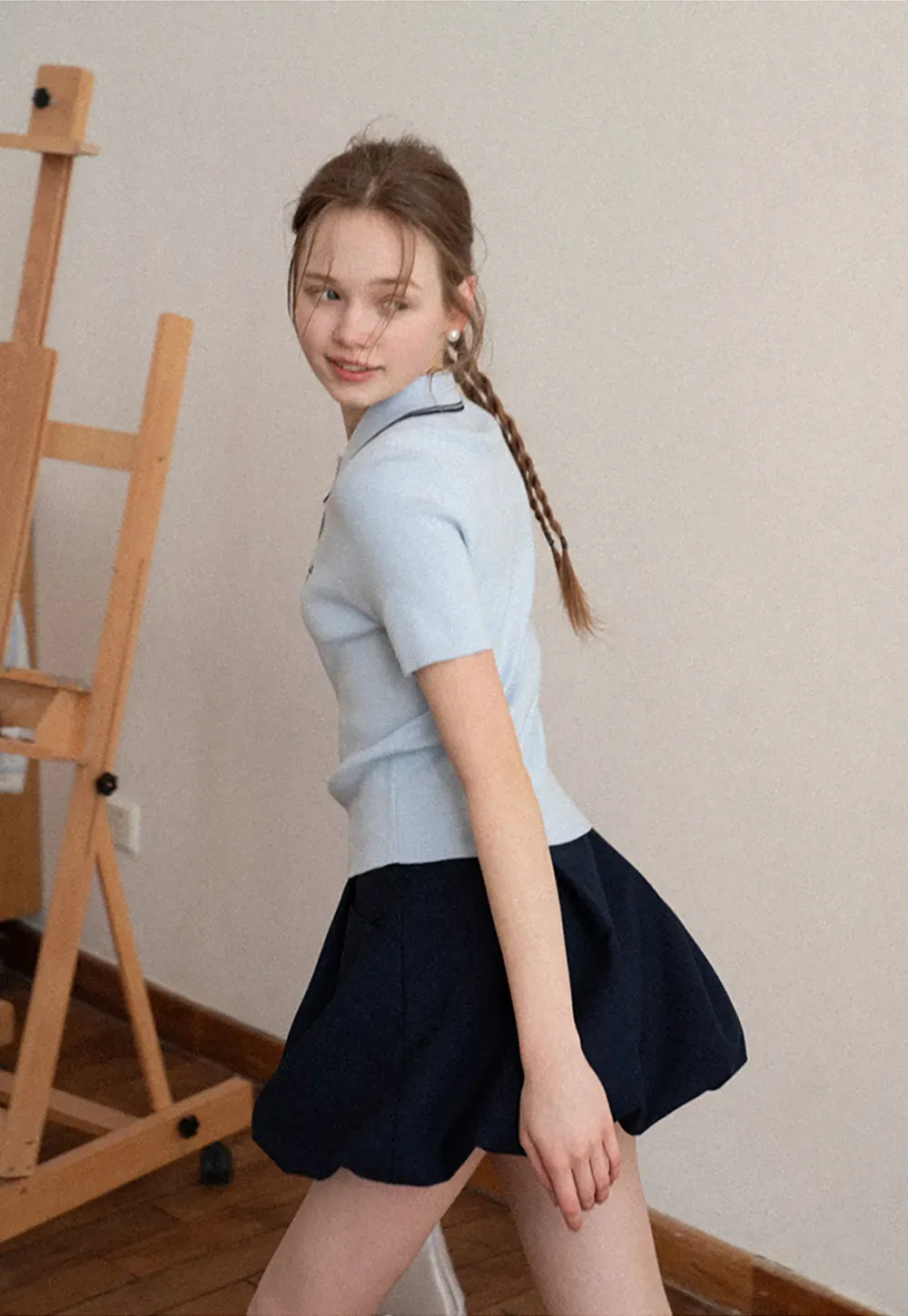 Polo Collar Knit Shirt with Bow Embroidery