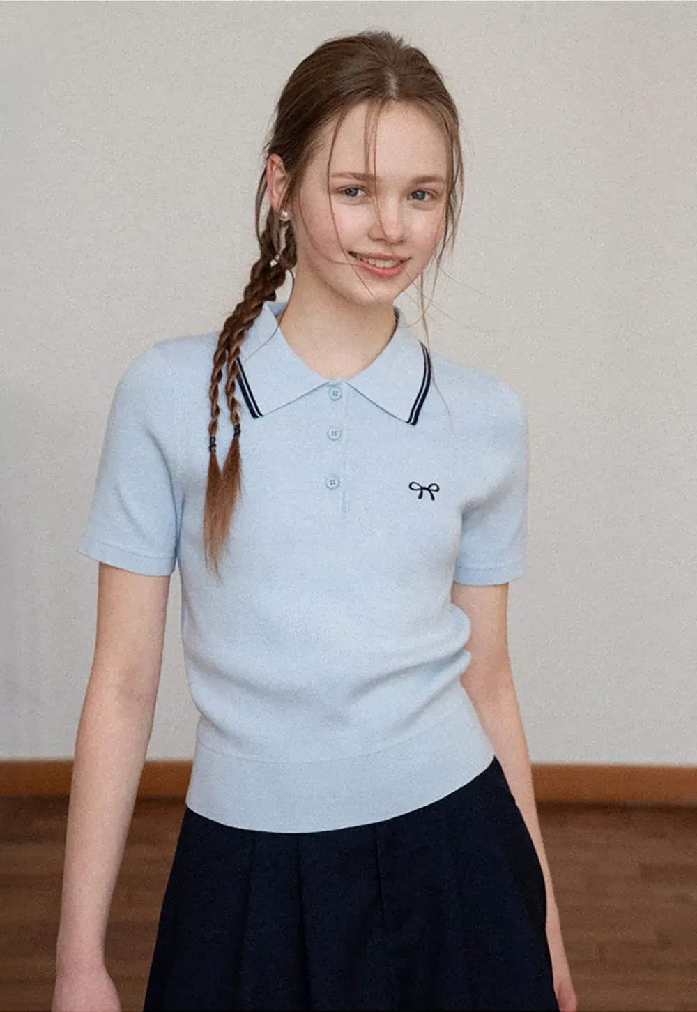Polo Collar Knit Shirt with Bow Embroidery