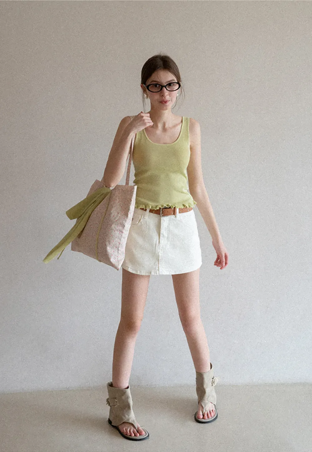 Woolen knit sweater with ruffles and tank top