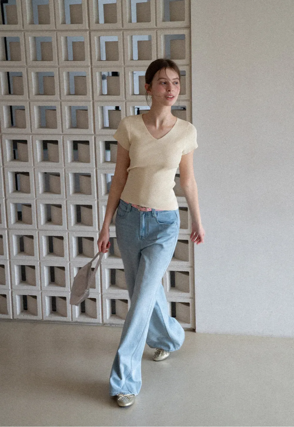 V Neck Short Sleeve Knit Sweater