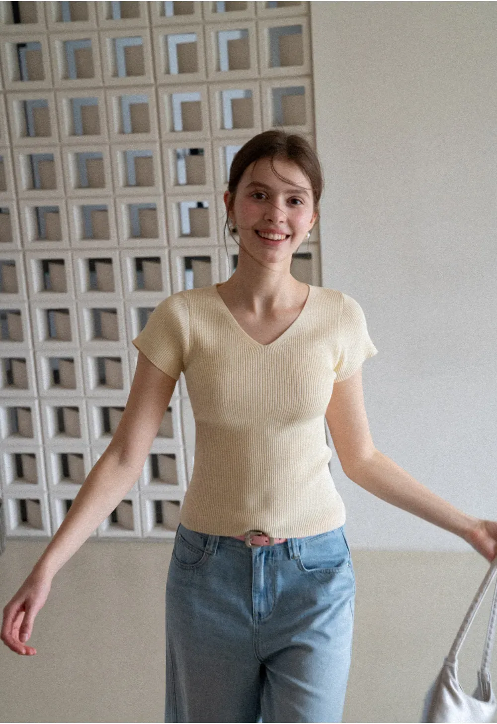 V Neck Short Sleeve Knit Sweater