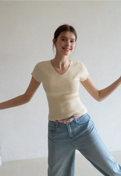 V Neck Short Sleeve Knit Sweater