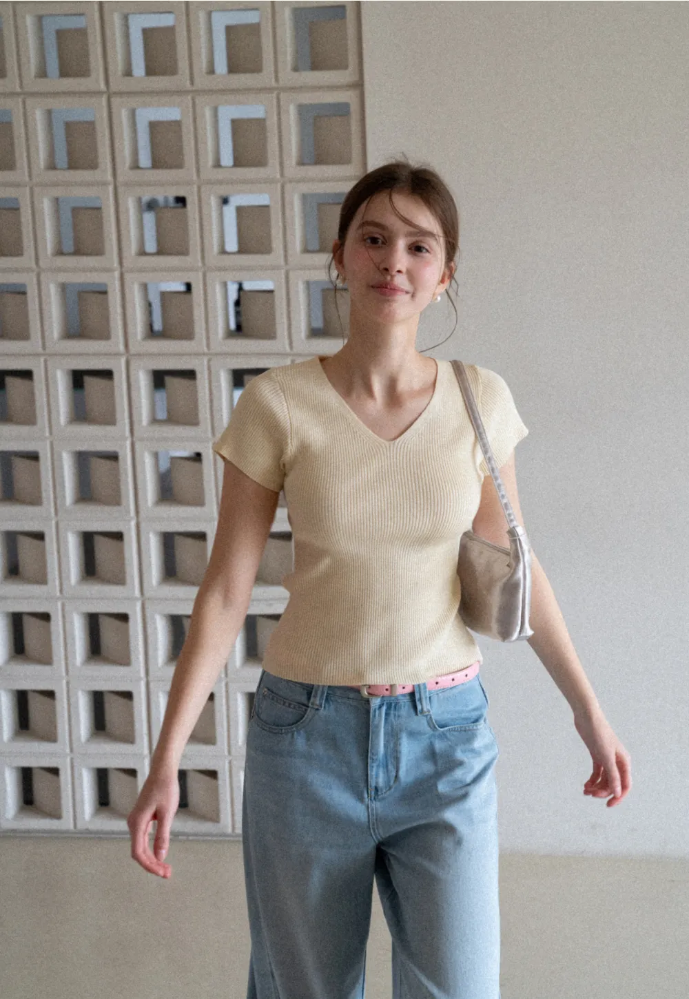 V Neck Short Sleeve Knit Sweater