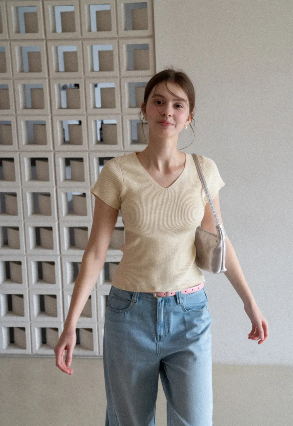 V Neck Short Sleeve Knit Sweater