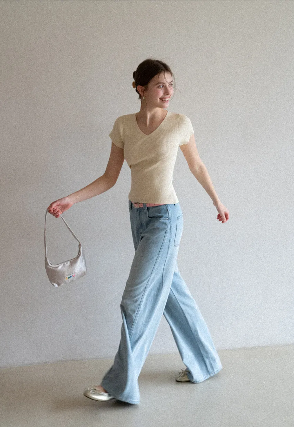 V Neck Short Sleeve Knit Sweater