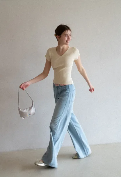 V Neck Short Sleeve Knit Sweater