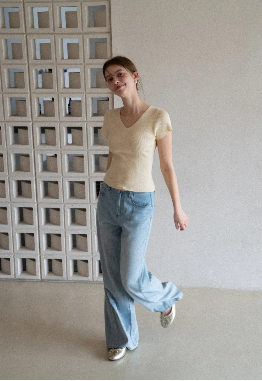 V Neck Short Sleeve Knit Sweater