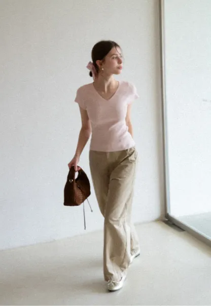 V Neck Short Sleeve Knit Sweater