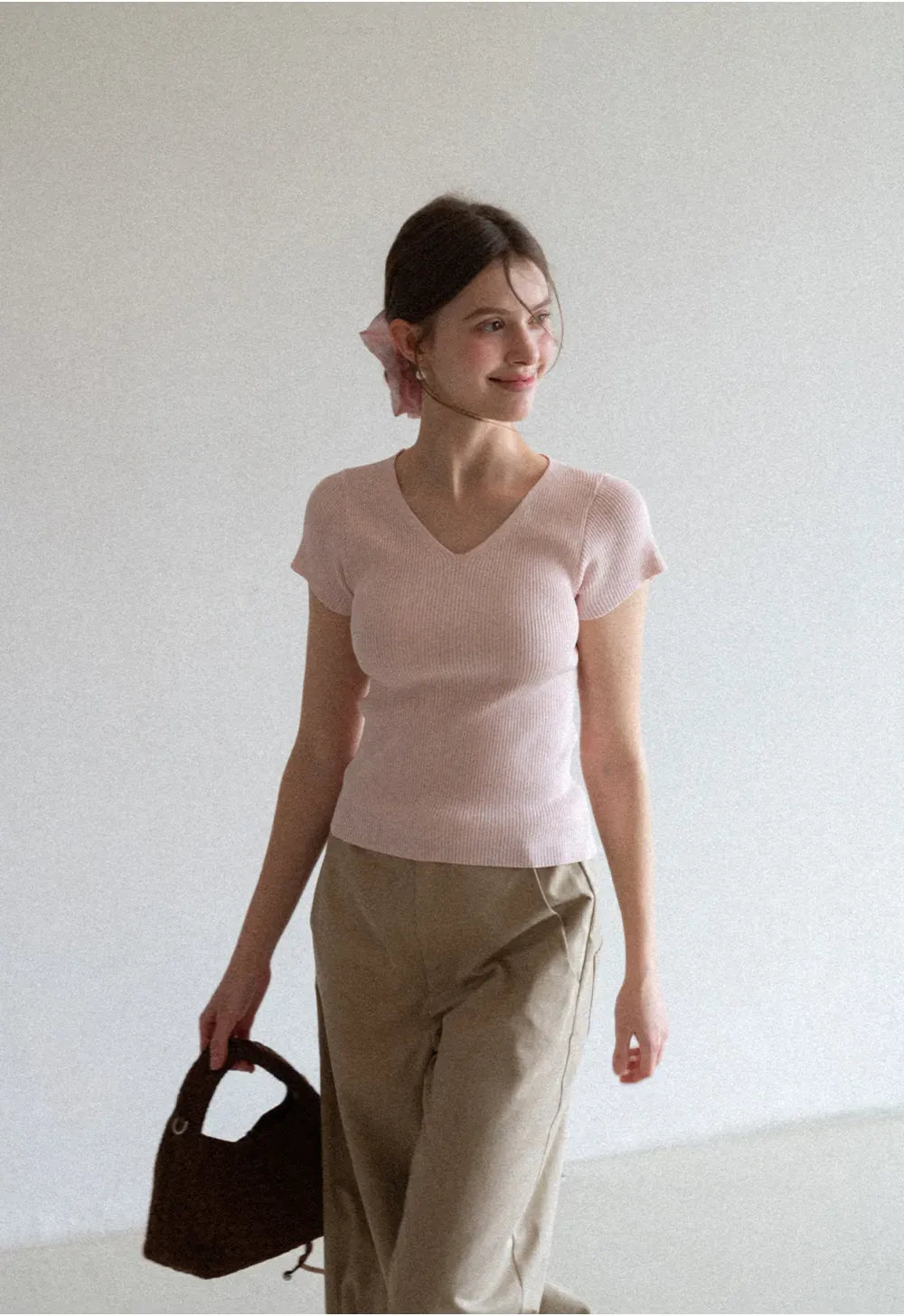 V Neck Short Sleeve Knit Sweater