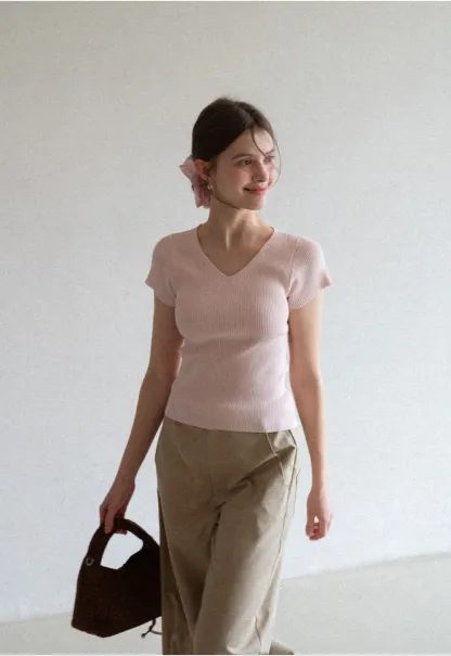 V Neck Short Sleeve Knit Sweater