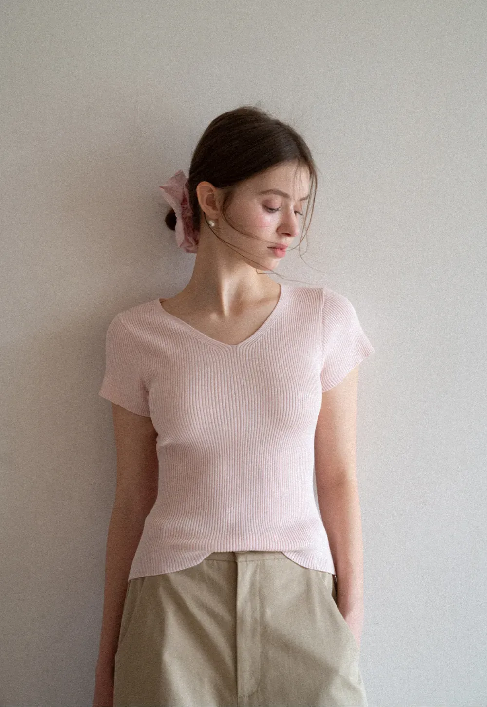 V Neck Short Sleeve Knit Sweater