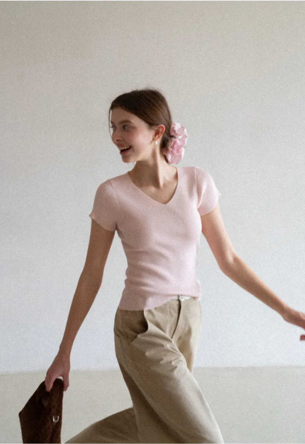 V Neck Short Sleeve Knit Sweater