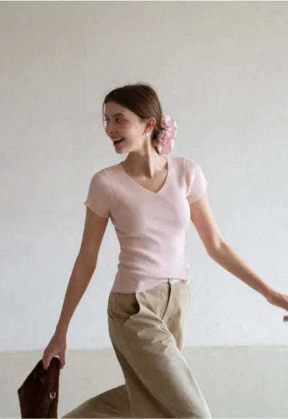 V Neck Short Sleeve Knit Sweater