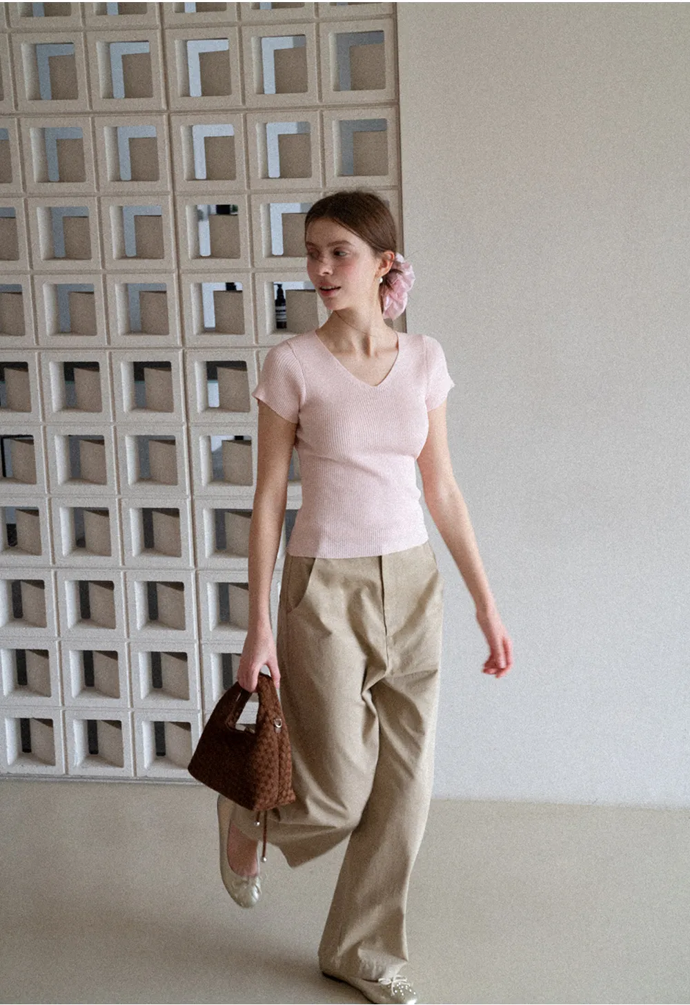 V Neck Short Sleeve Knit Sweater