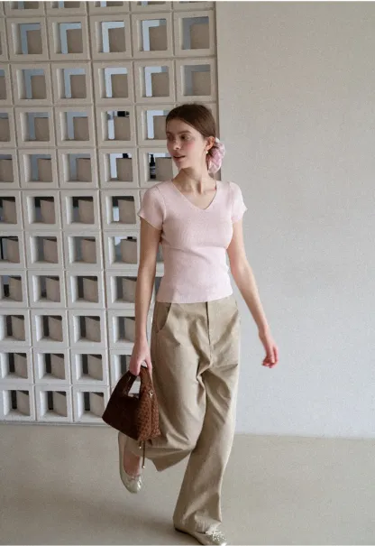 V Neck Short Sleeve Knit Sweater