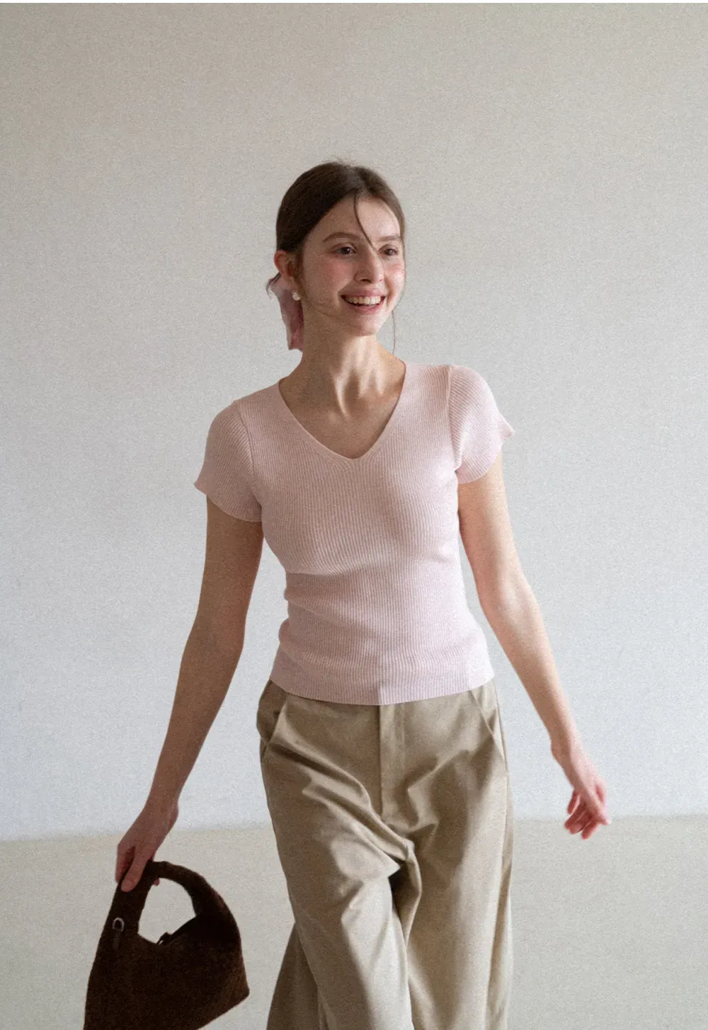 V Neck Short Sleeve Knit Sweater