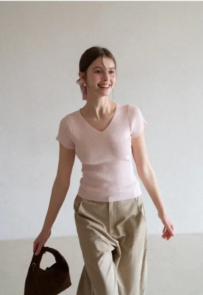 V Neck Short Sleeve Knit Sweater