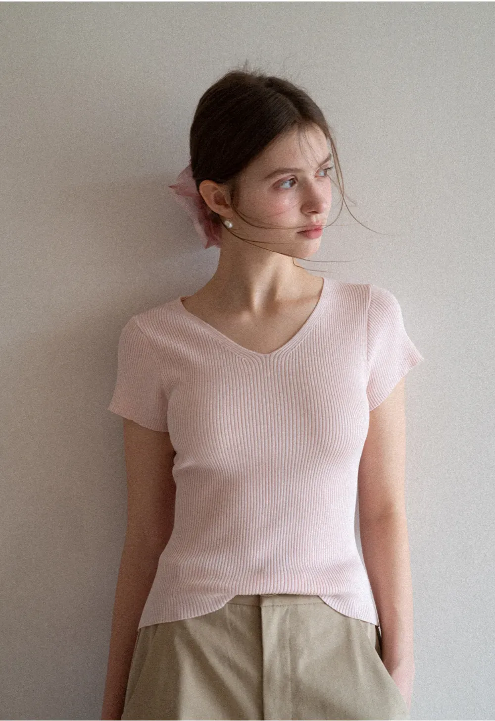 V Neck Short Sleeve Knit Sweater