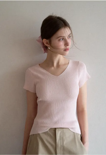 V Neck Short Sleeve Knit Sweater