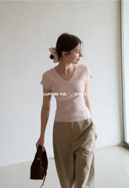 V Neck Short Sleeve Knit Sweater