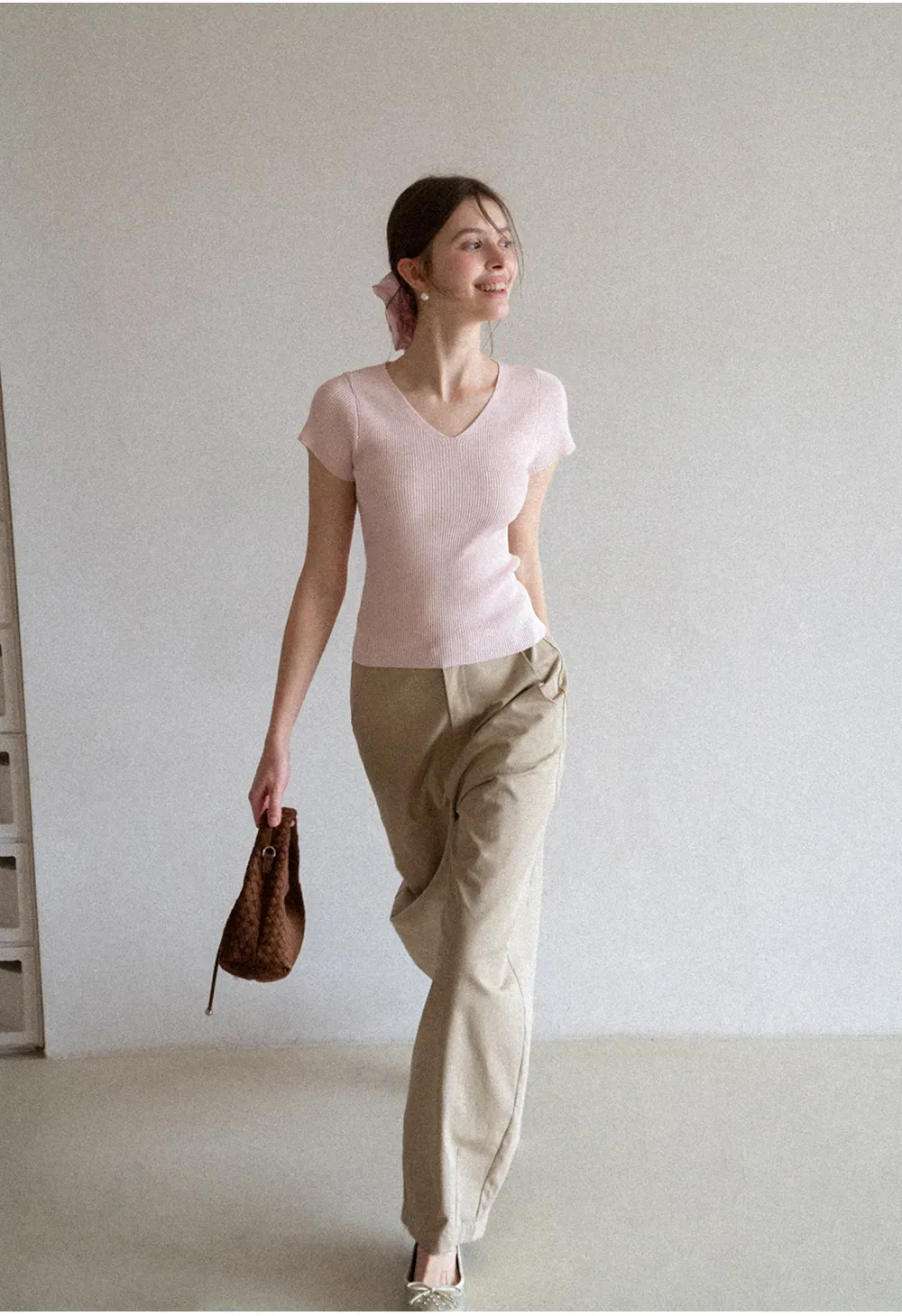 V Neck Short Sleeve Knit Sweater