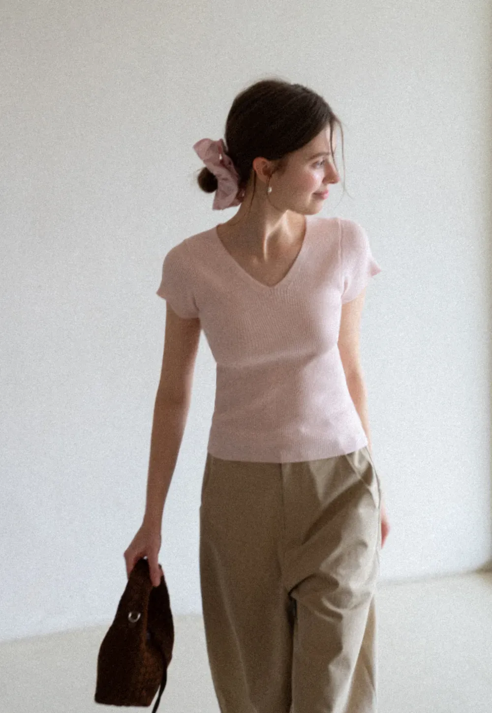 V Neck Short Sleeve Knit Sweater