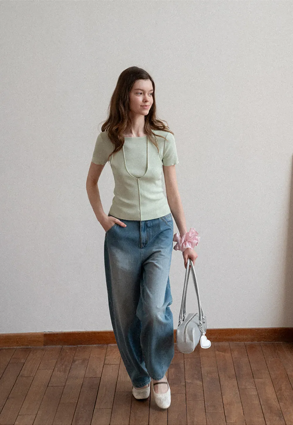 Short Sleeve Ribbed Knit Top with Front Seam Detail