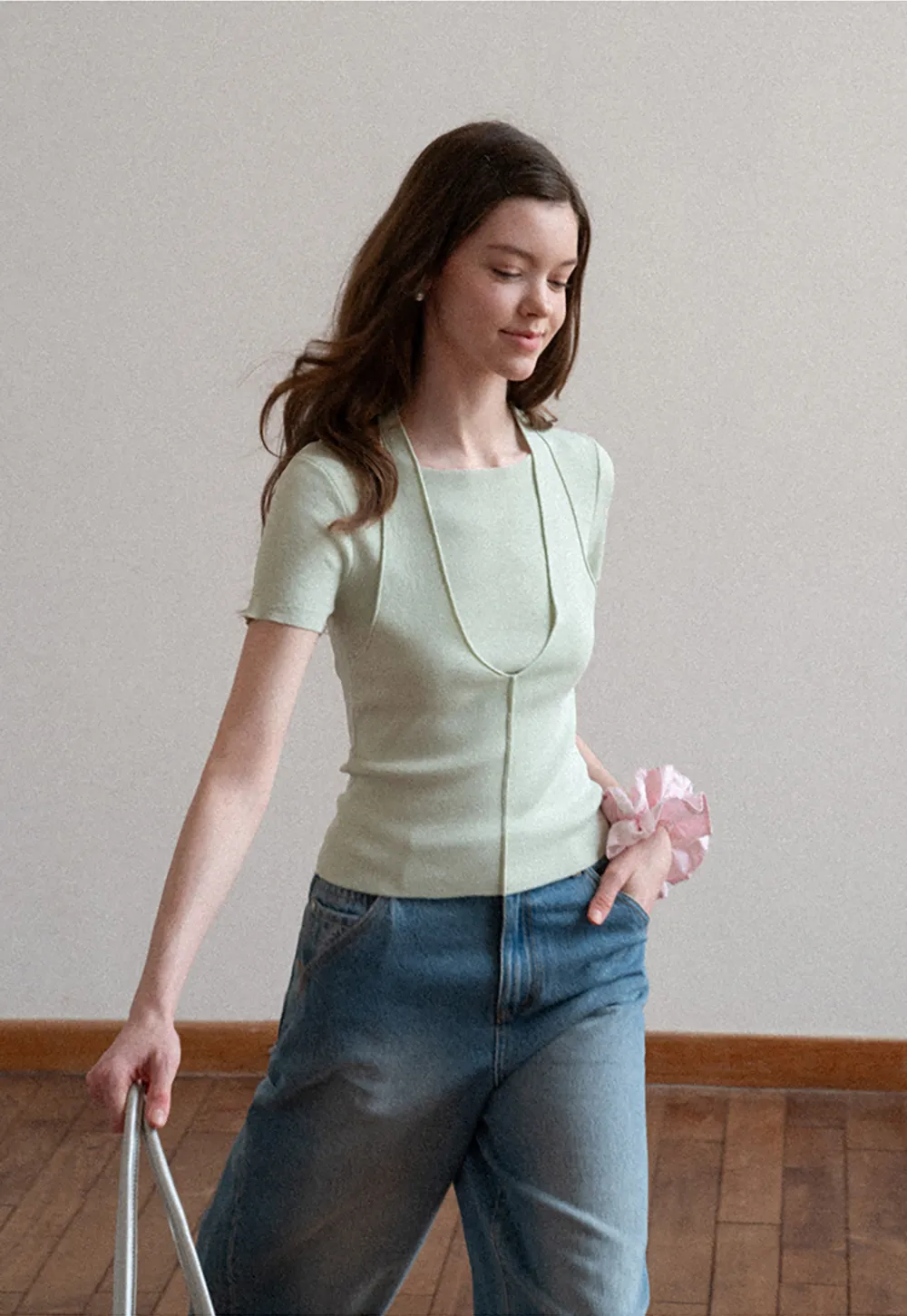 Short Sleeve Ribbed Knit Top with Front Seam Detail