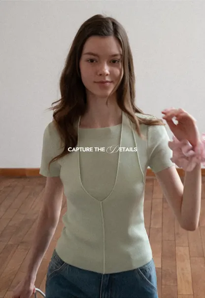 Short Sleeve Ribbed Knit Top with Front Seam Detail