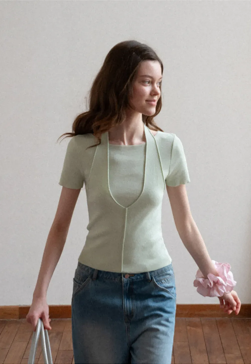 Short Sleeve Ribbed Knit Top with Front Seam Detail