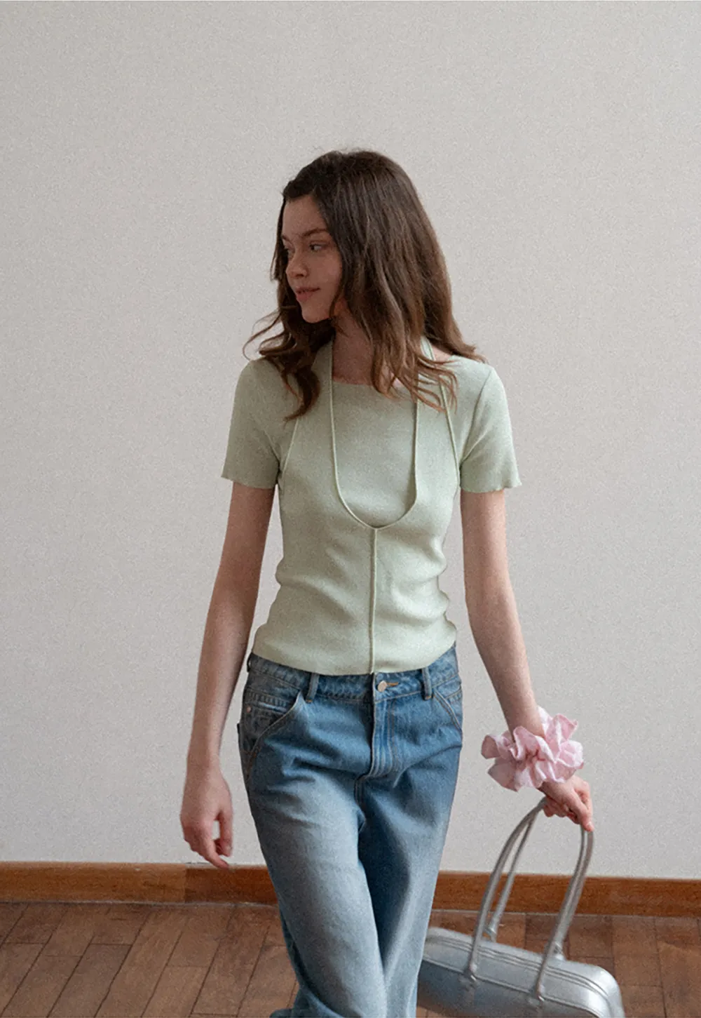 Short Sleeve Ribbed Knit Top with Front Seam Detail