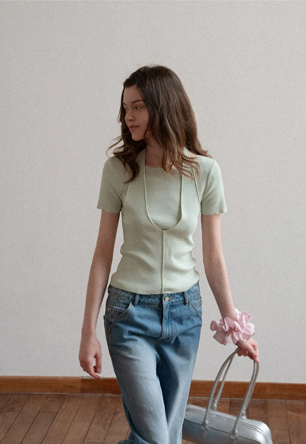 Short Sleeve Ribbed Knit Top with Front Seam Detail