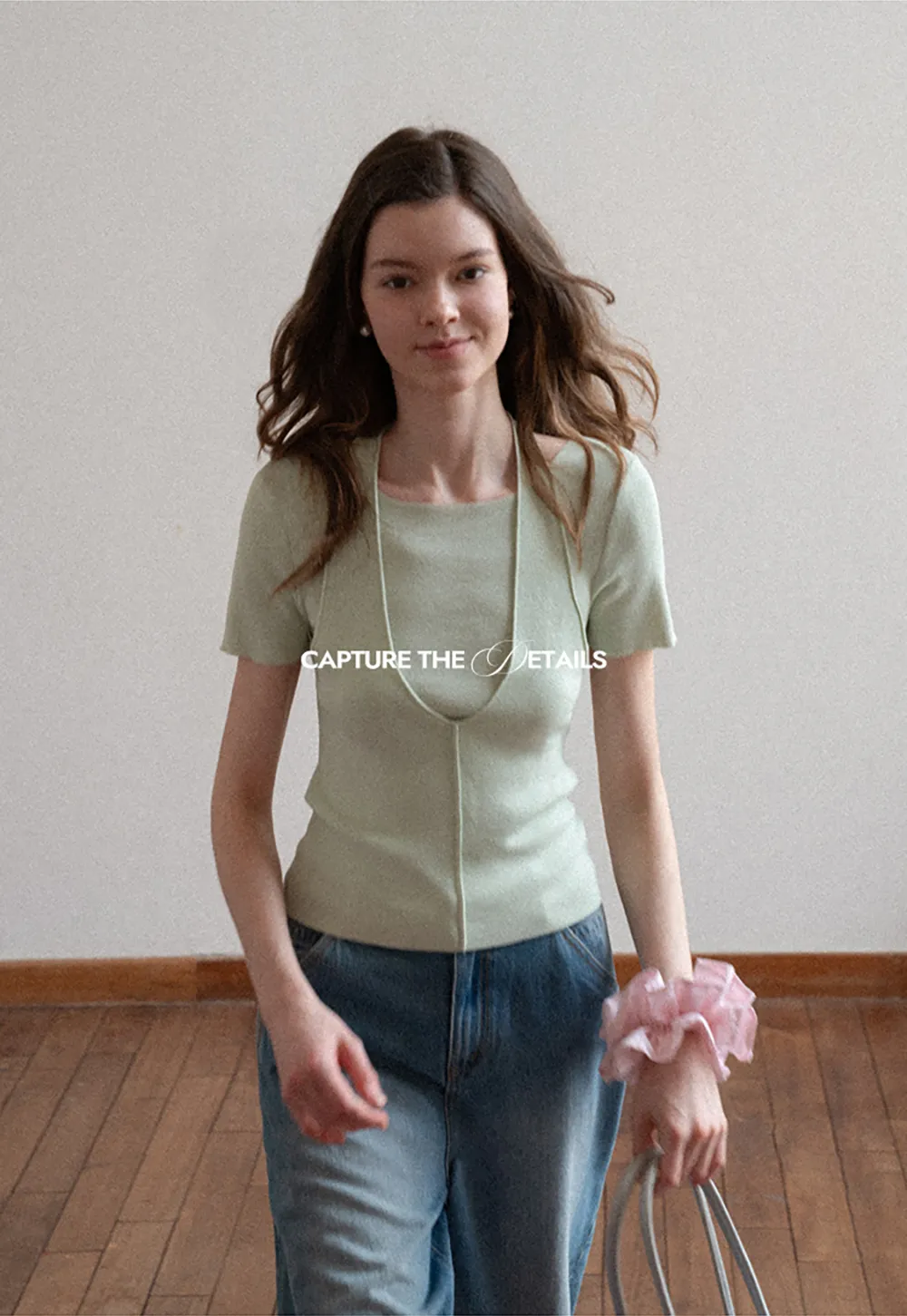 Short Sleeve Ribbed Knit Top with Front Seam Detail