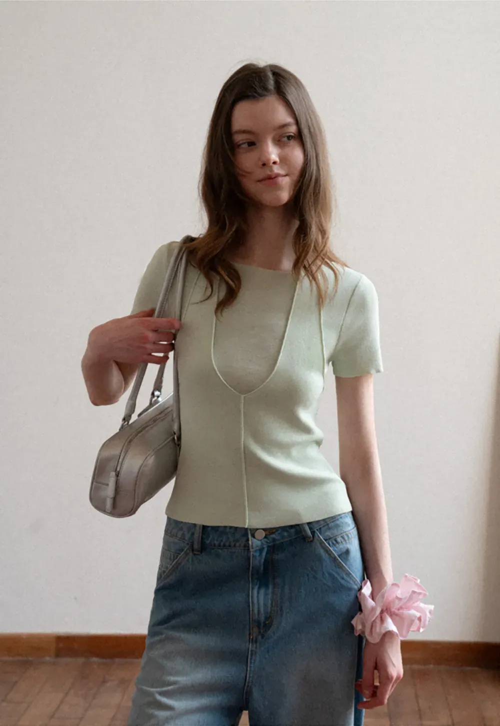 Short Sleeve Ribbed Knit Top with Front Seam Detail