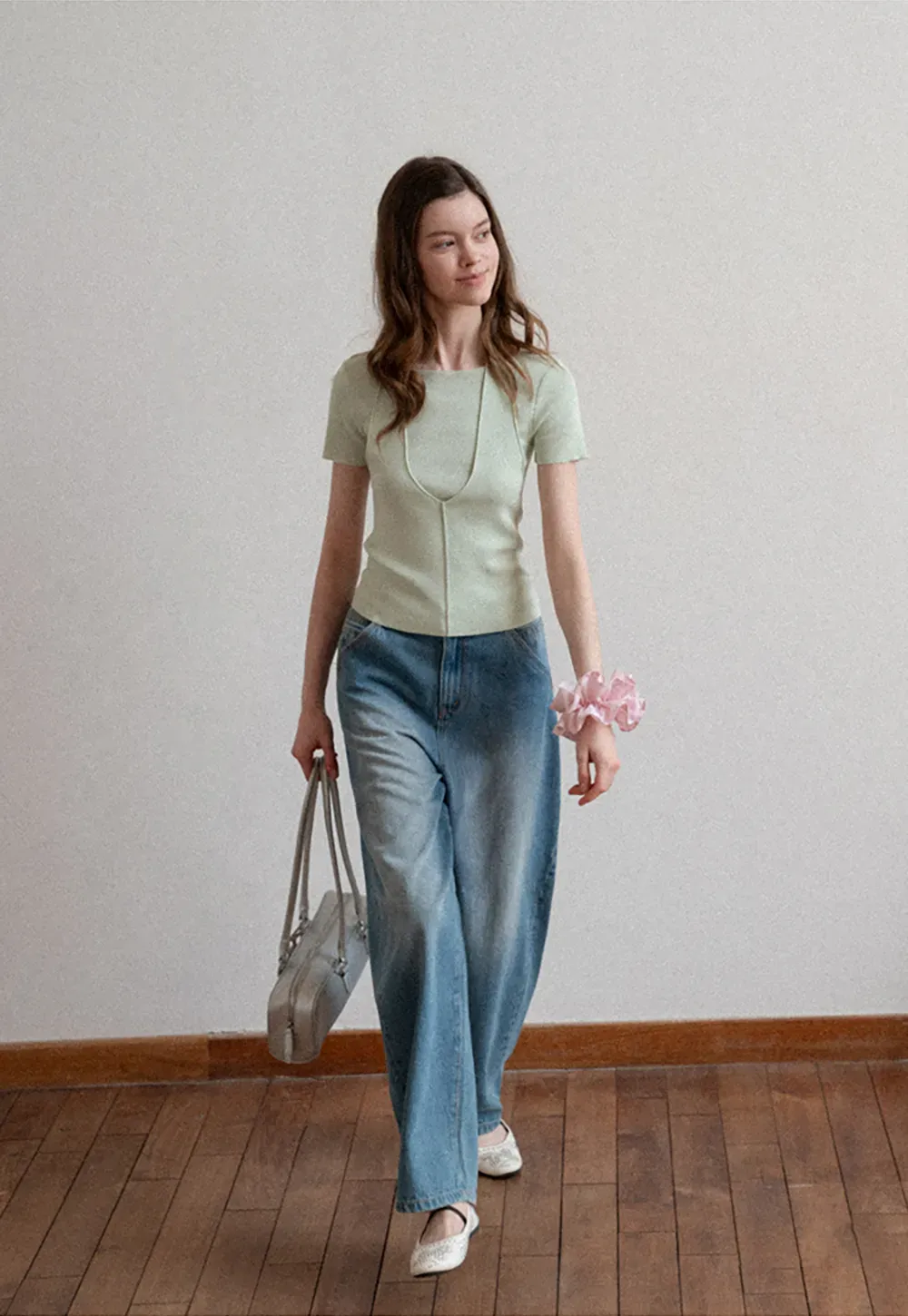 Short Sleeve Ribbed Knit Top with Front Seam Detail