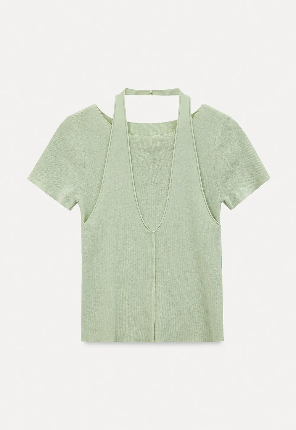 Short Sleeve Ribbed Knit Top with Front Seam Detail