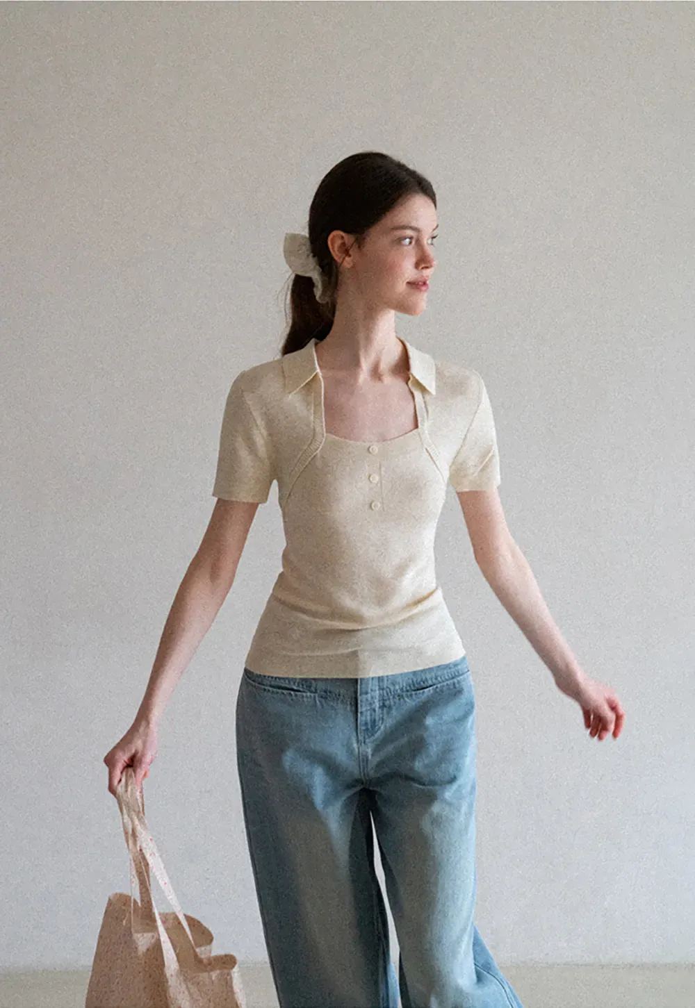 Collared Short Sleeve Knit Sweater with Square Neckline