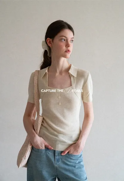 Collared Short Sleeve Knit Sweater with Square Neckline