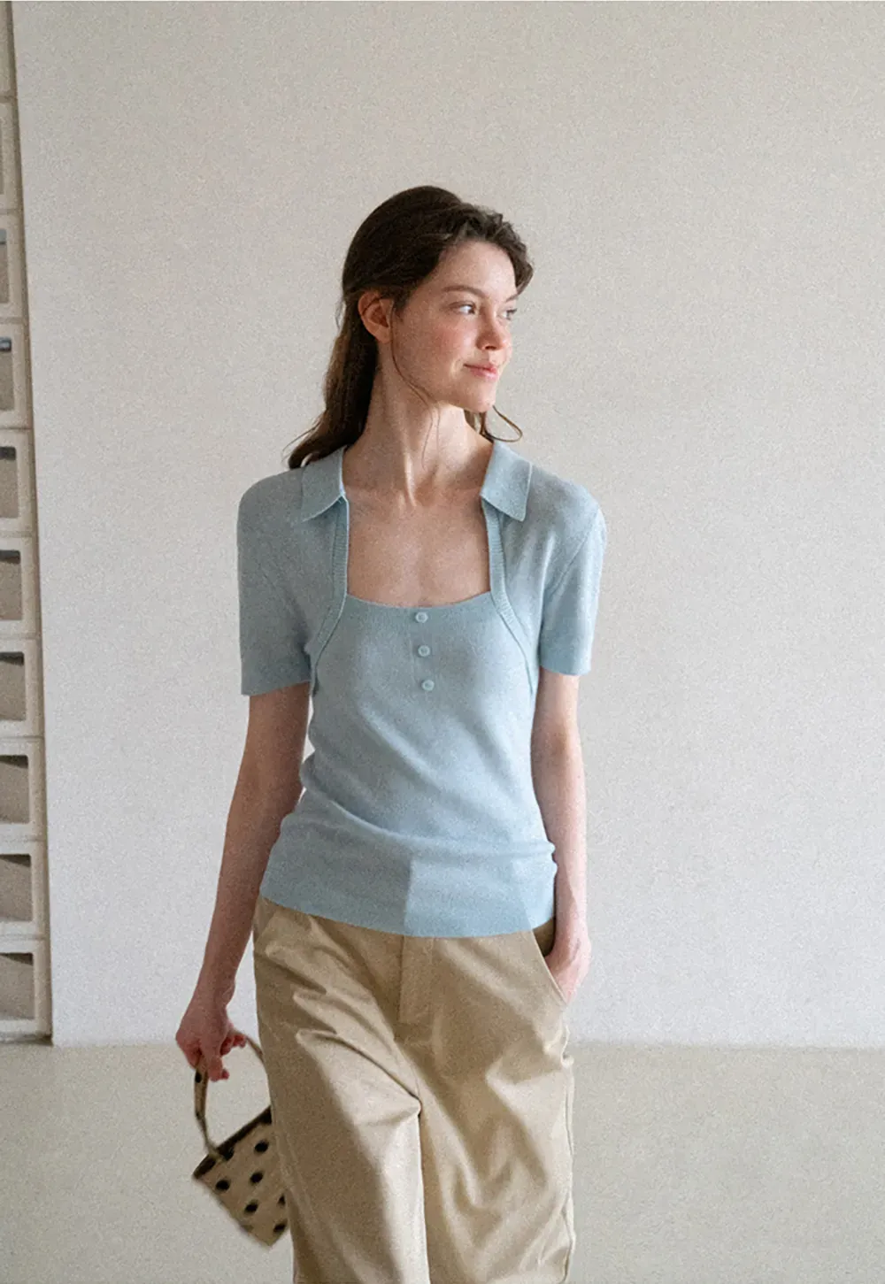 Collared Short Sleeve Knit Sweater with Square Neckline